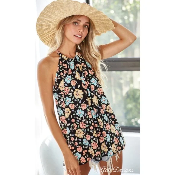 ❤️LAST ONE! Floral Print Black Woven Back Tie Halter Top! - Picture 8 of 11